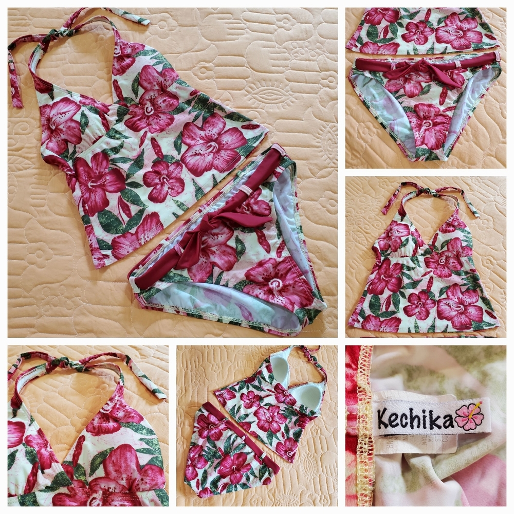 Kechika Tankini Bikini flower print fusia size 10 bottoms 8 top